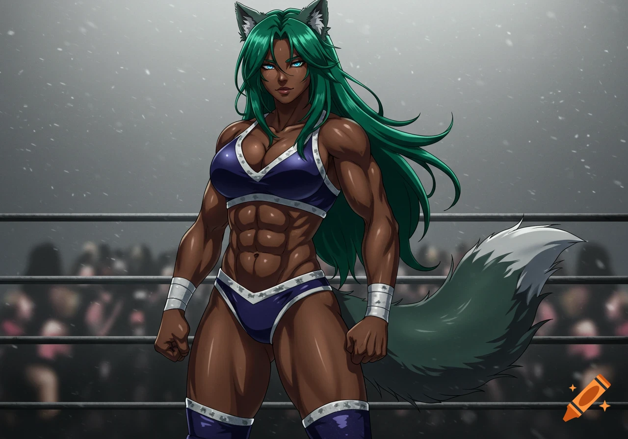 A muscular dark-skinned woman with green hair, blue eyes, wolf ears, and a wolf tail stands confidently in a wrestling ring in anime style.