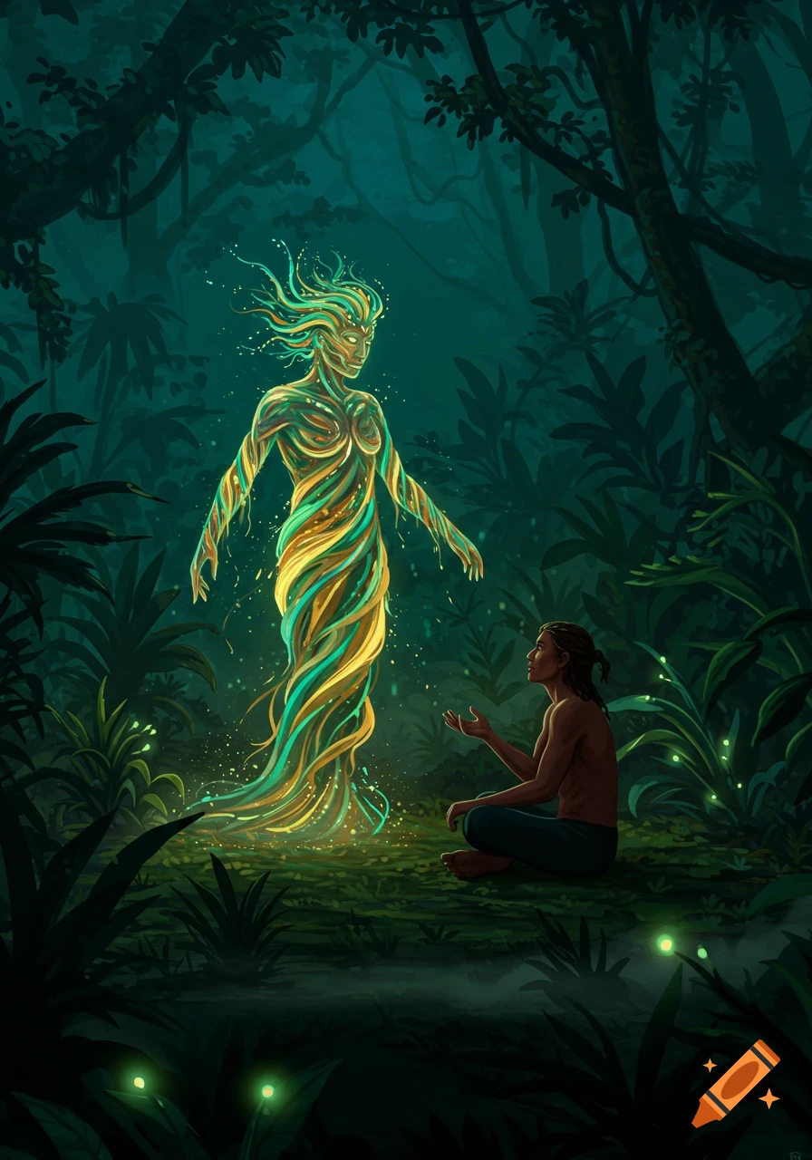 A man kneels in a dark jungle, looking up at a tall, glowing spirit made of swirling green and gold light.