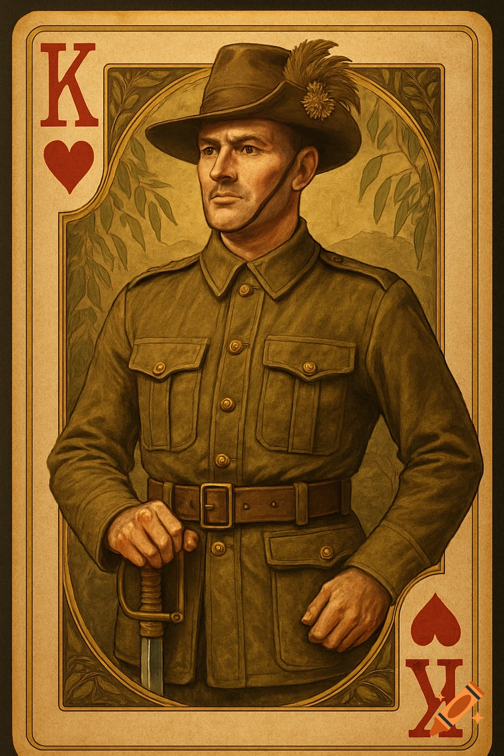 A King of Hearts playing card featuring a portrait of an Australian soldier in a green uniform and hat, holding a sword.