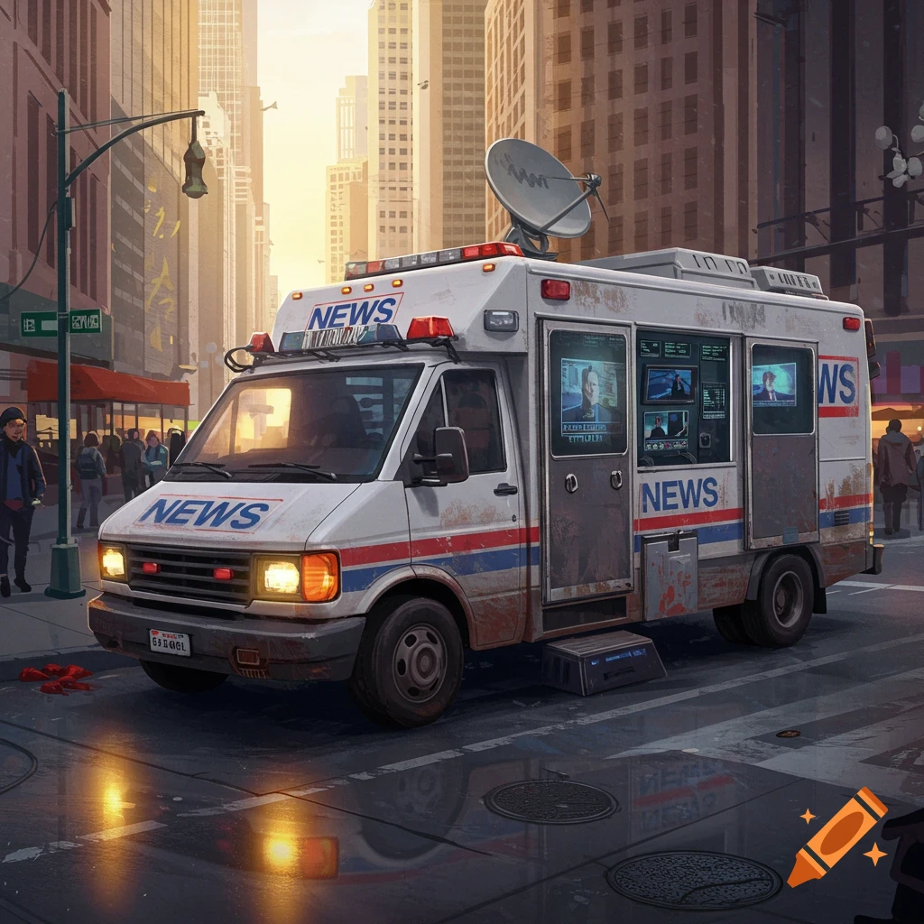 A white and blue news van with a satellite dish on a city street at sunset, with buildings and people in the background, in a semi-realistic style.