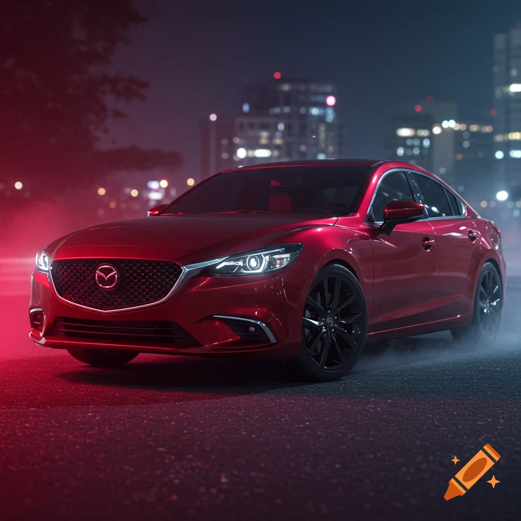 A red Mazda sedan parked on a wet street at night, illuminated by red and white lights from the city.
