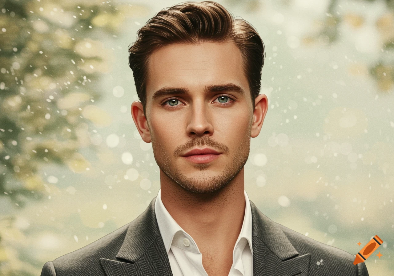 A photorealistic portrait of a young man with light brown hair and blue eyes, wearing a white shirt and gray jacket, against a soft, bokeh background.
