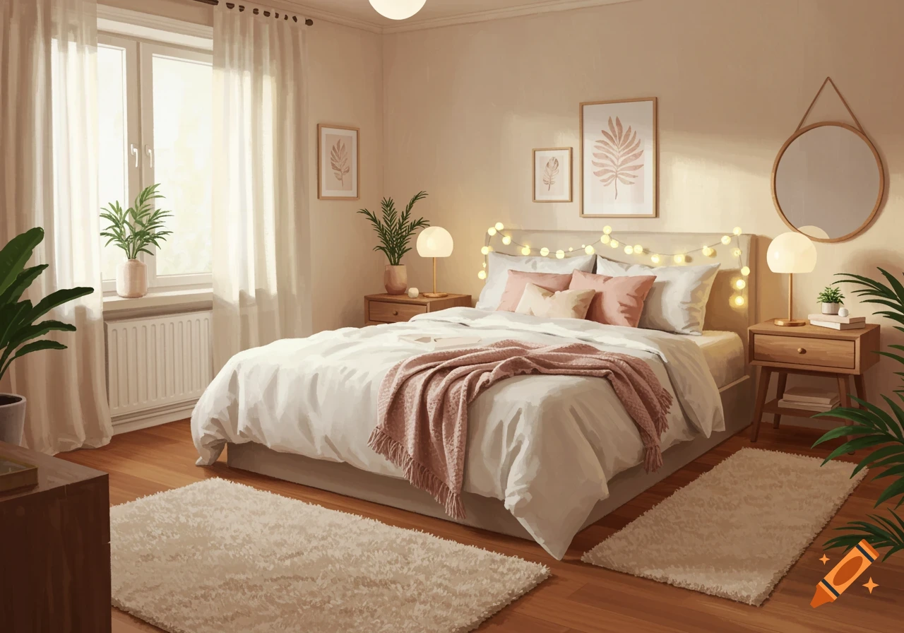 A cozy Scandinavian-style bedroom with a large bed, pastel pink duvet, fairy lights, wooden furniture, and plants.