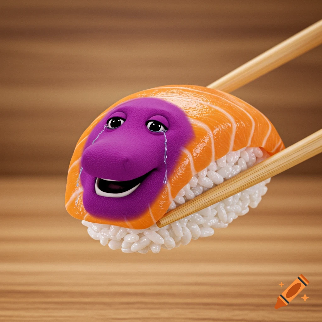 A salmon nigiri sushi with a purple Barney dinosaur face crying as it's lifted by chopsticks.
