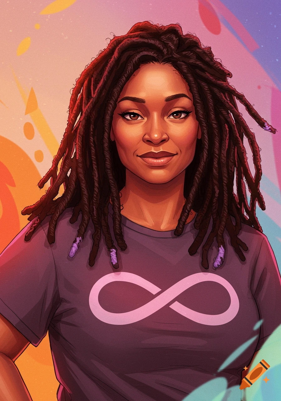 An illustrated portrait of a woman with dreadlocks and lavender tips, wearing a purple shirt with an infinity symbol against a colorful background.
