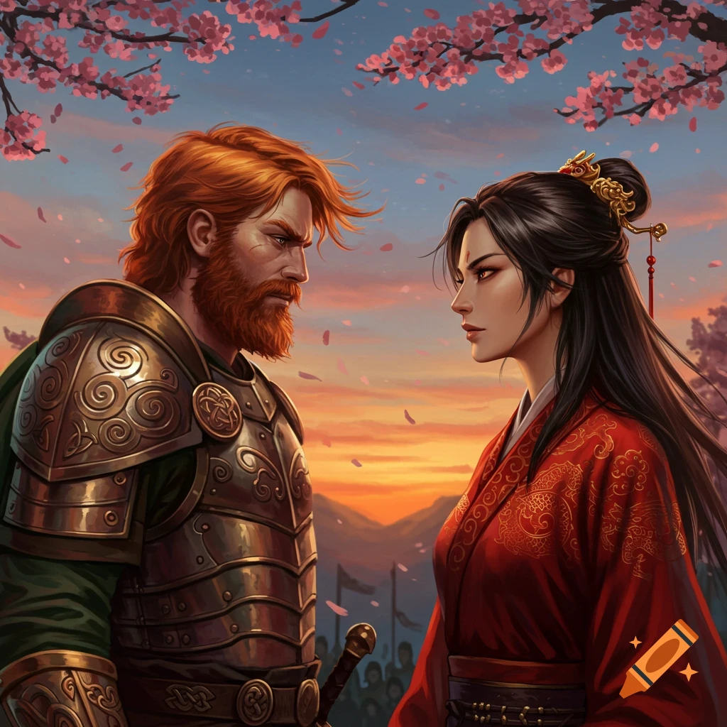 A digital painting of a red-haired Celtic warrior and a dark-haired Chinese warrior woman facing each other under cherry blossoms at sunset.
