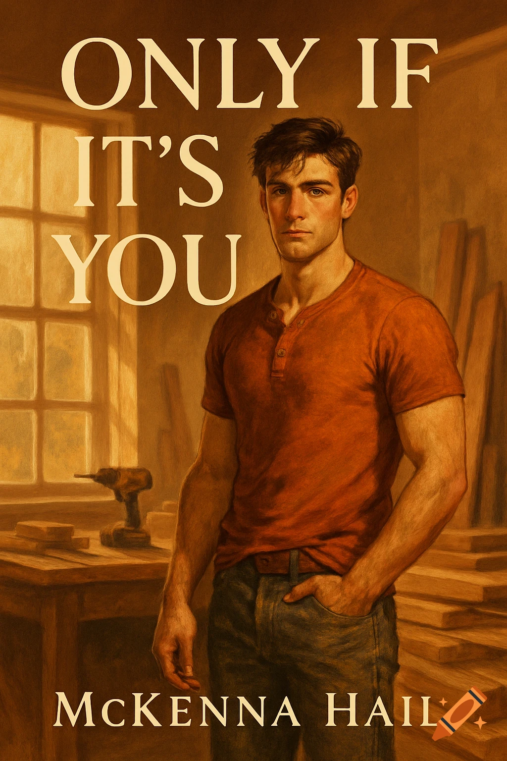 Illustrated book cover of a man in a red henley and jeans, standing in a sunlit workshop, with the title "ONLY IF IT'S YOU."
