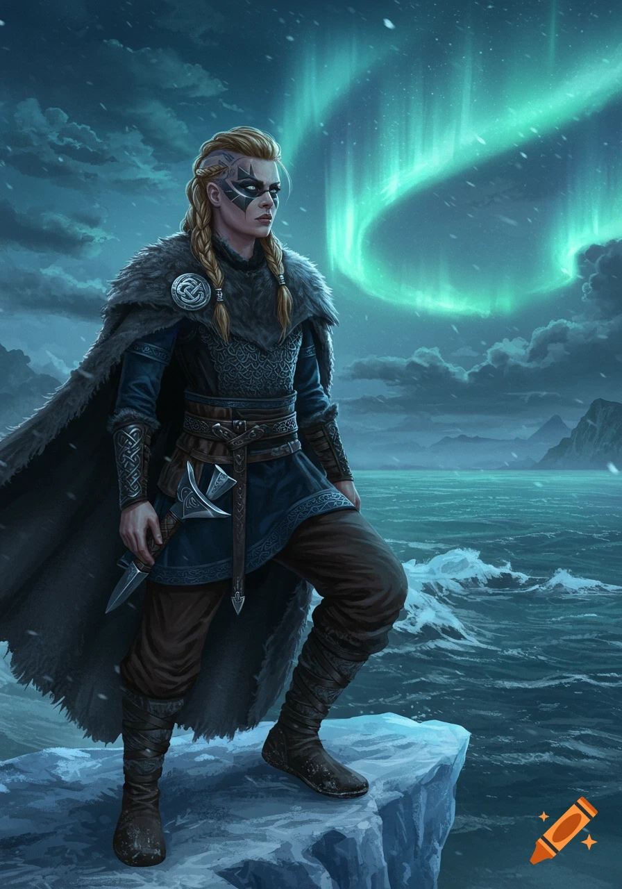 A powerful Viking woman with braids and face paint stands on an ice floe by a turbulent sea under green aurora lights.