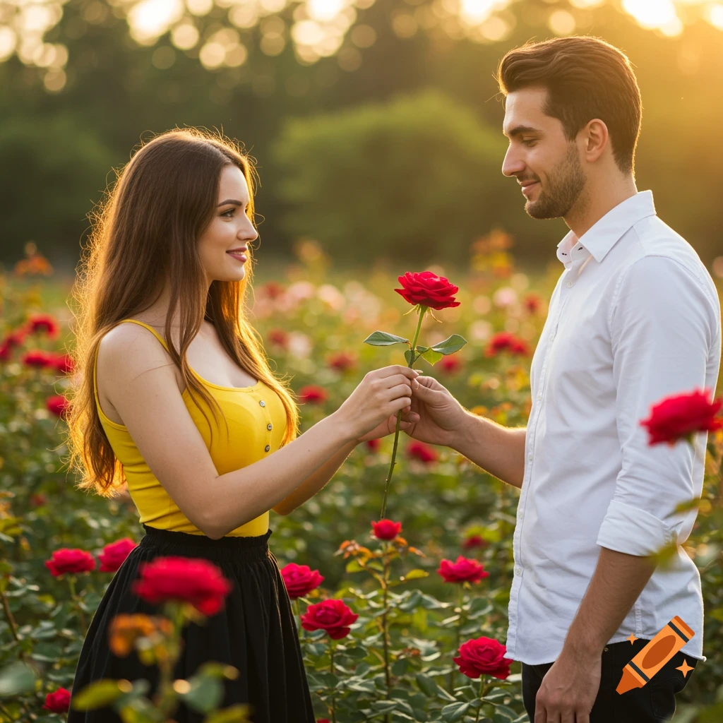 A man gives a red rose to a smiling woman in a sunlit rose garden.