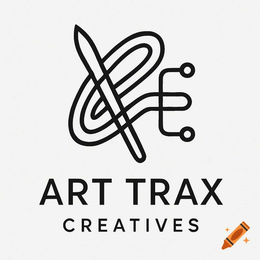 A black minimalist logo for Art Trax Creatives with abstract lines on a white background.