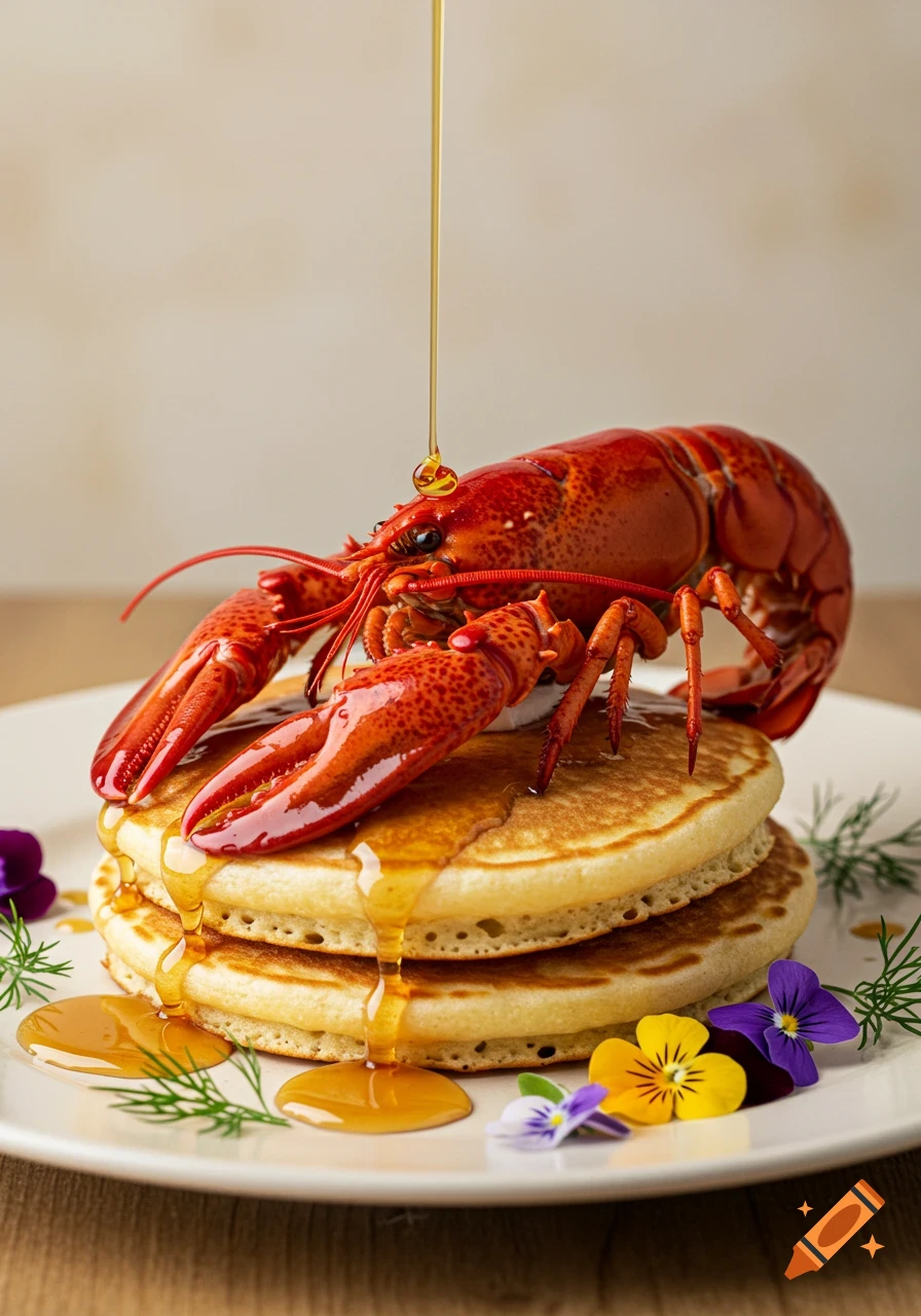 A red cooked lobster rests on a stack of fluffy pancakes with maple syrup pouring over it, garnished with flowers.