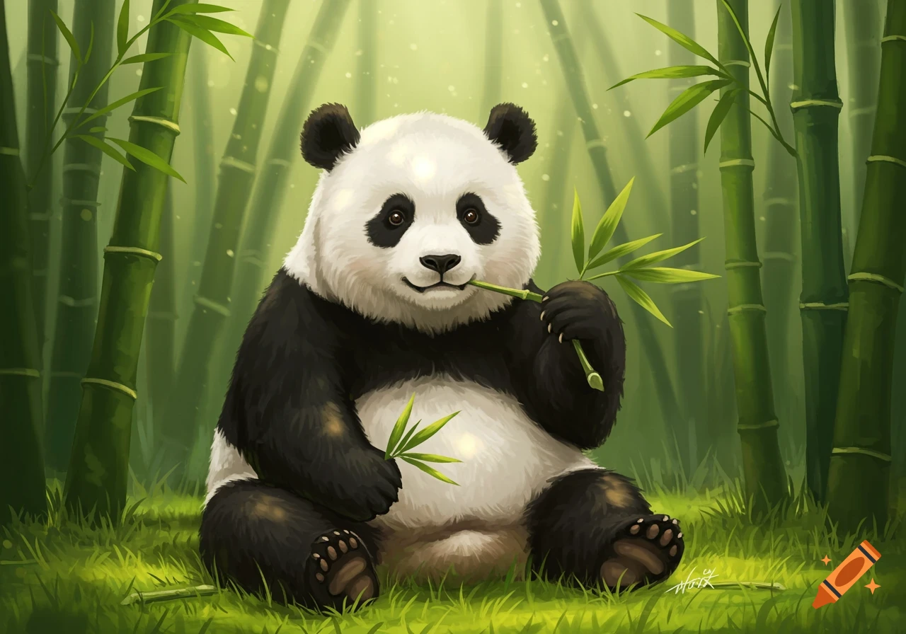 A cute panda sits in a lush green bamboo forest, holding and eating bamboo leaves, in a vibrant digital art style.