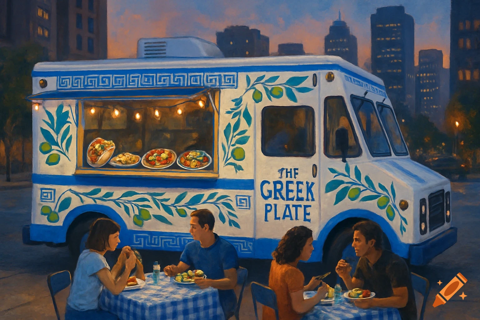 A painterly scene of a Greek food truck, 'The Greek Plate,' serving customers on a city street at dusk.