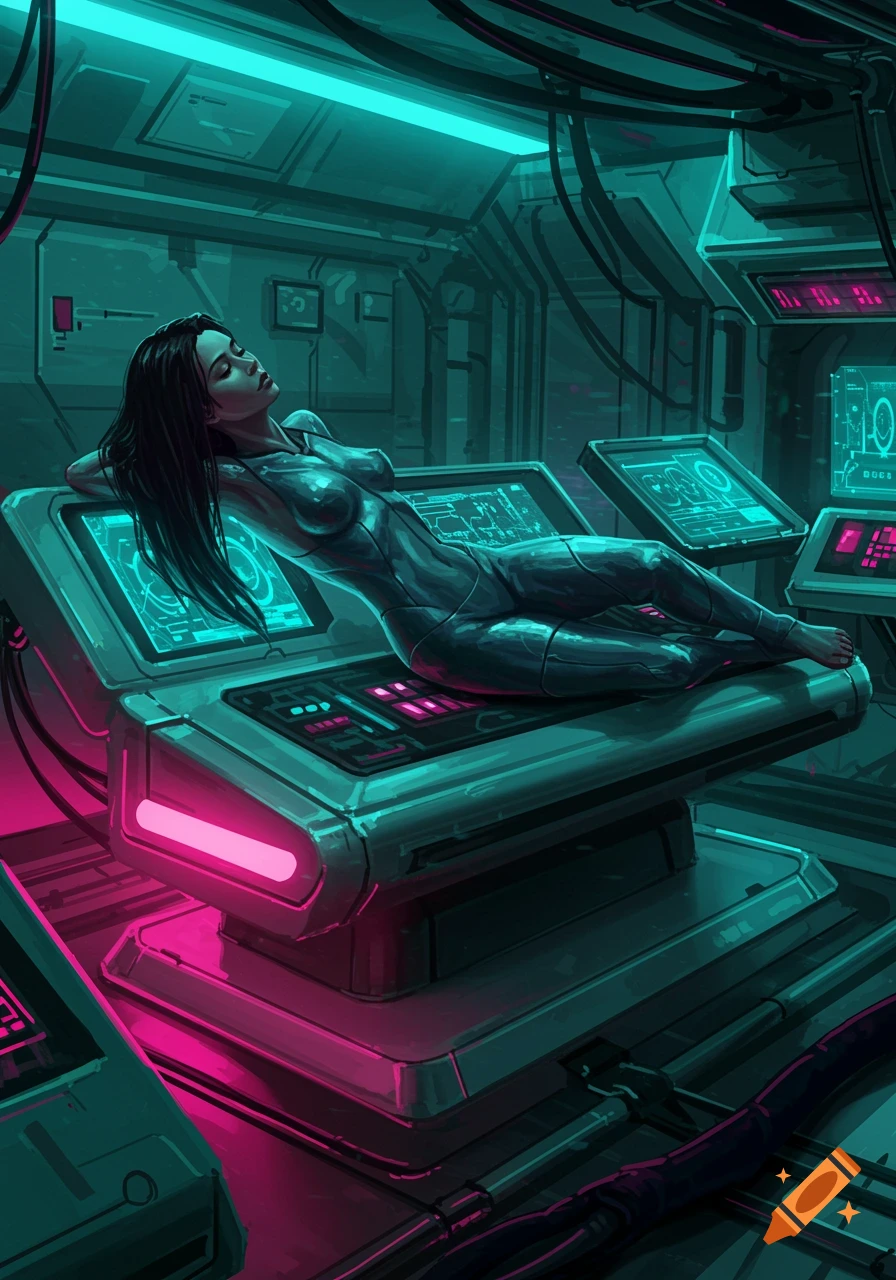 A woman in a form-fitting suit lounges on a console in a neon-lit, futuristic control room.