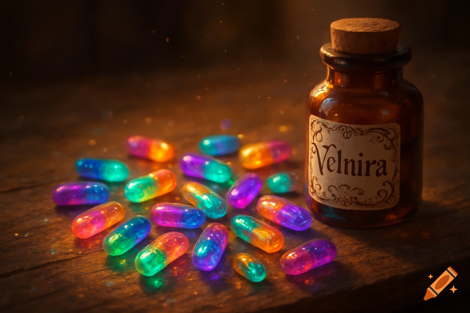 Glowing, colorful pills scattered on a wooden table next to an amber bottle labeled 'Velnira', in a photorealistic style.