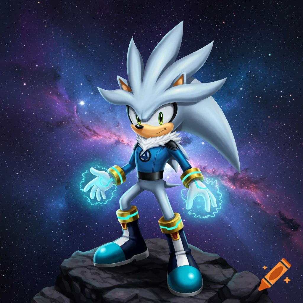 Silver the Hedgehog in a blue and white Fantastic Four suit, standing on a rock against a galaxy background.