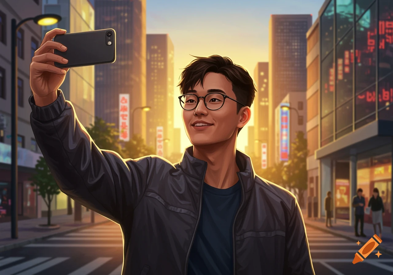 An Asian man wearing glasses and a dark jacket takes a selfie on a city street at sunset, in an illustration style.
