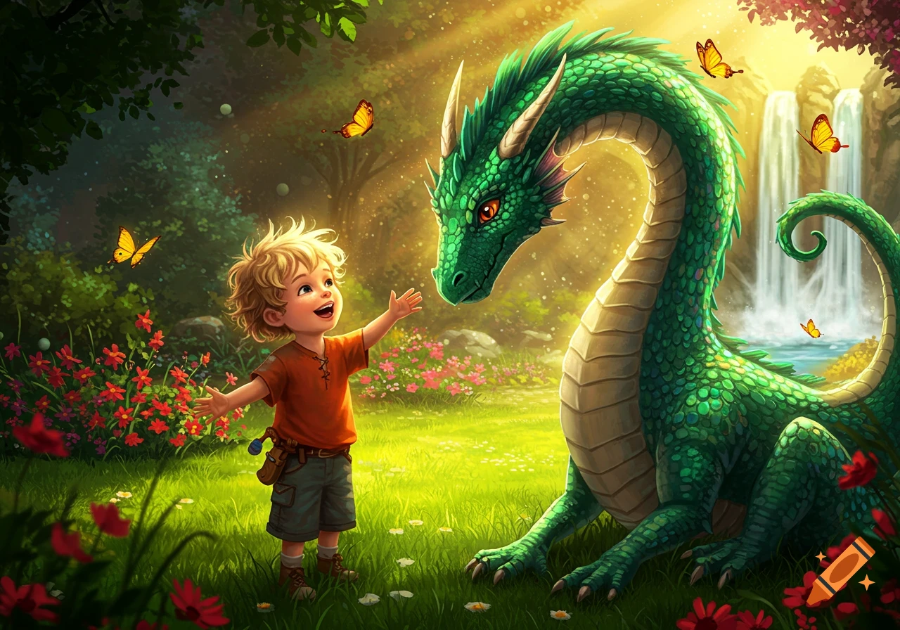 A young blonde boy with outstretched arms smiles at a large green dragon in a lush, sunlit forest with waterfalls and butterflies.