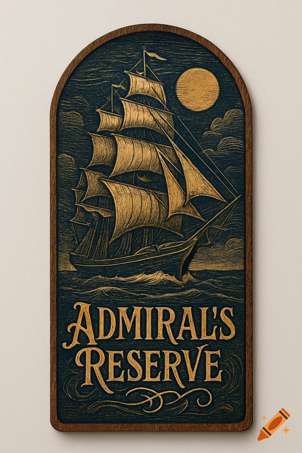 A stylized wooden plaque with a sailing ship, full moon, and the text 'Admiral's Reserve' in gold lettering.