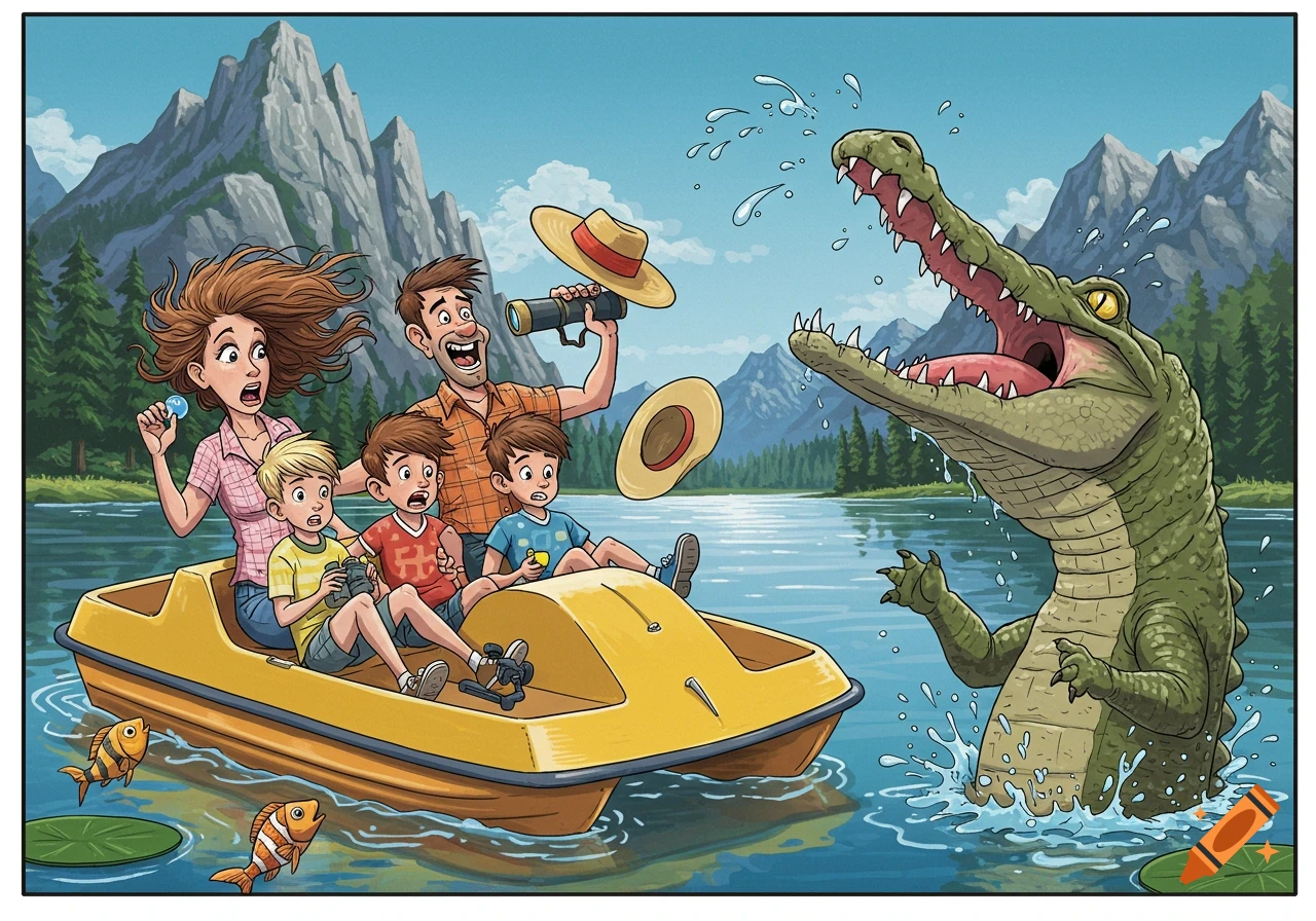 A family on a yellow pedal boat on a mountain lake is startled by a large alligator bursting from the water in a cartoon style.