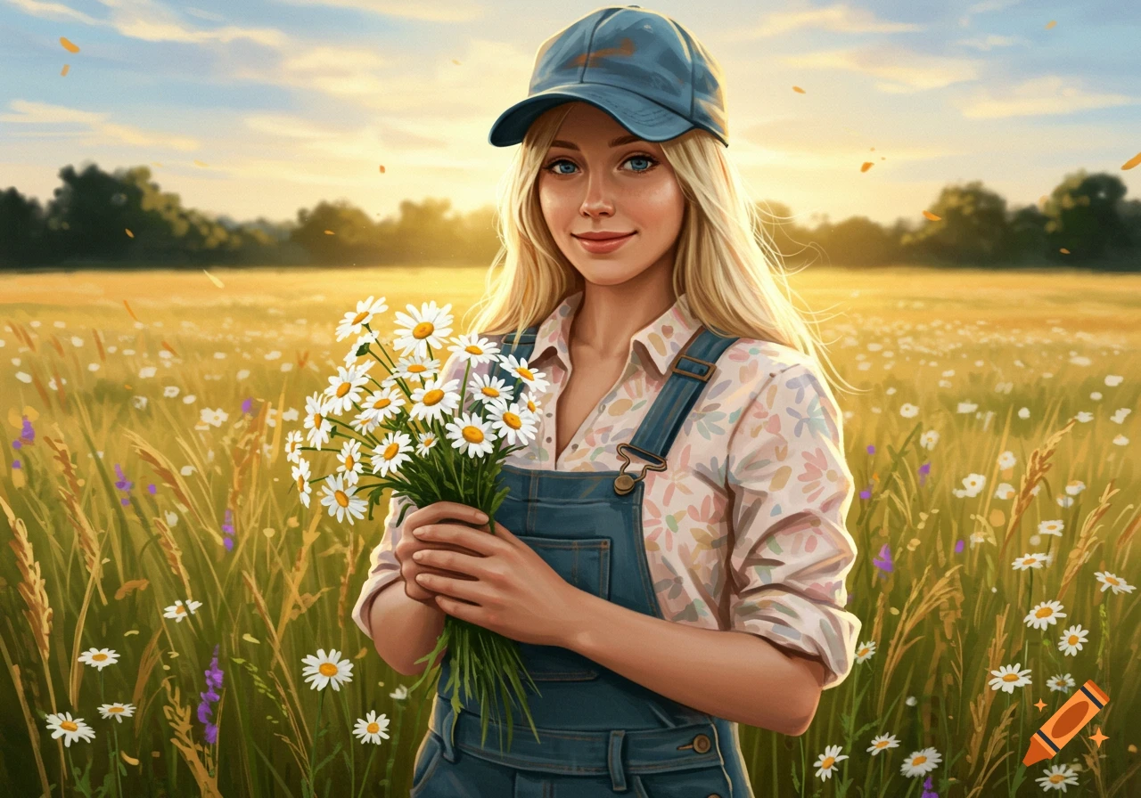 A blonde woman in overalls and a baseball cap holds daisies in a sunlit field at sunset, realistic style.