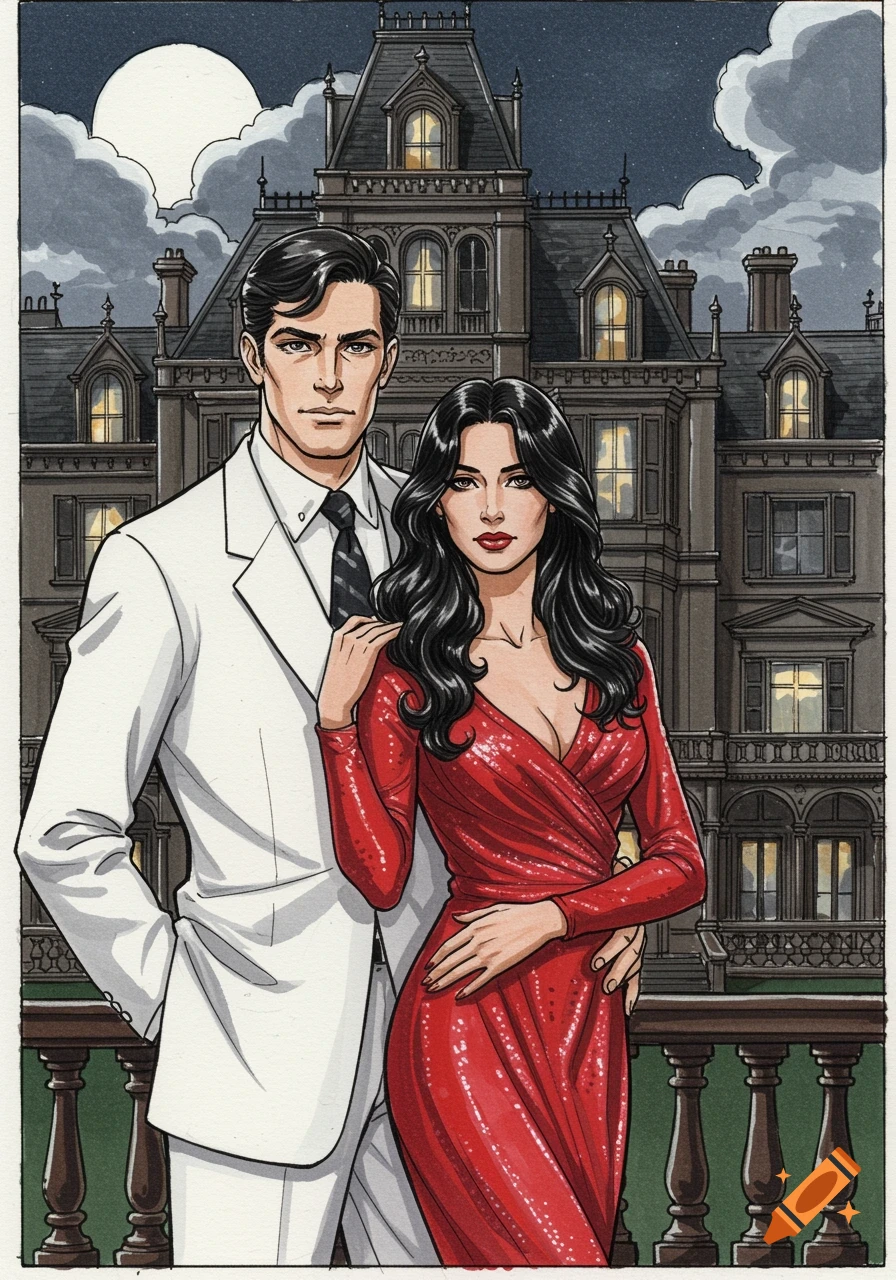 A handsome man in a white suit and a beautiful woman in a sparkling red dress stand embracing in front of a Victorian mansion under a full moon, in a comic art style.