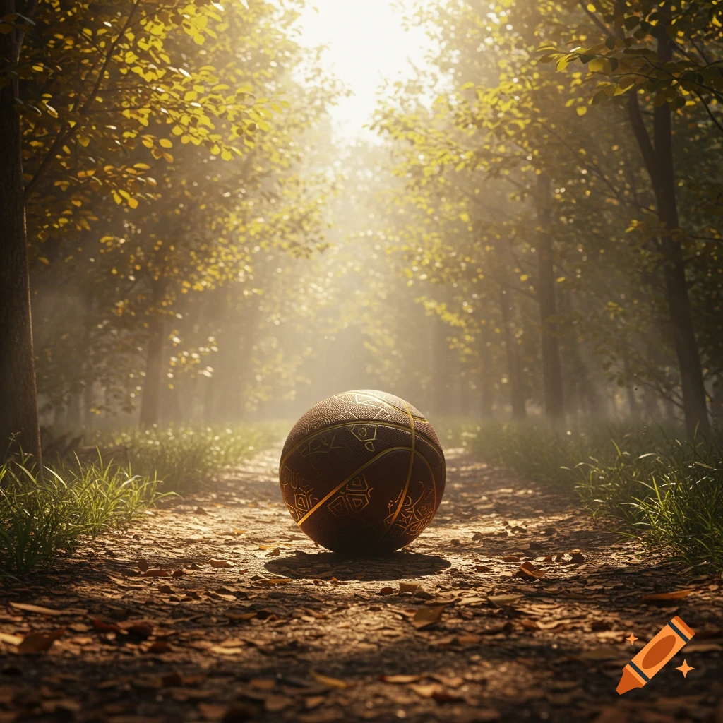 A sophisticated basketball with golden patterns rests on a sunlit dirt path in a misty forest, surrounded by trees with yellow leaves.