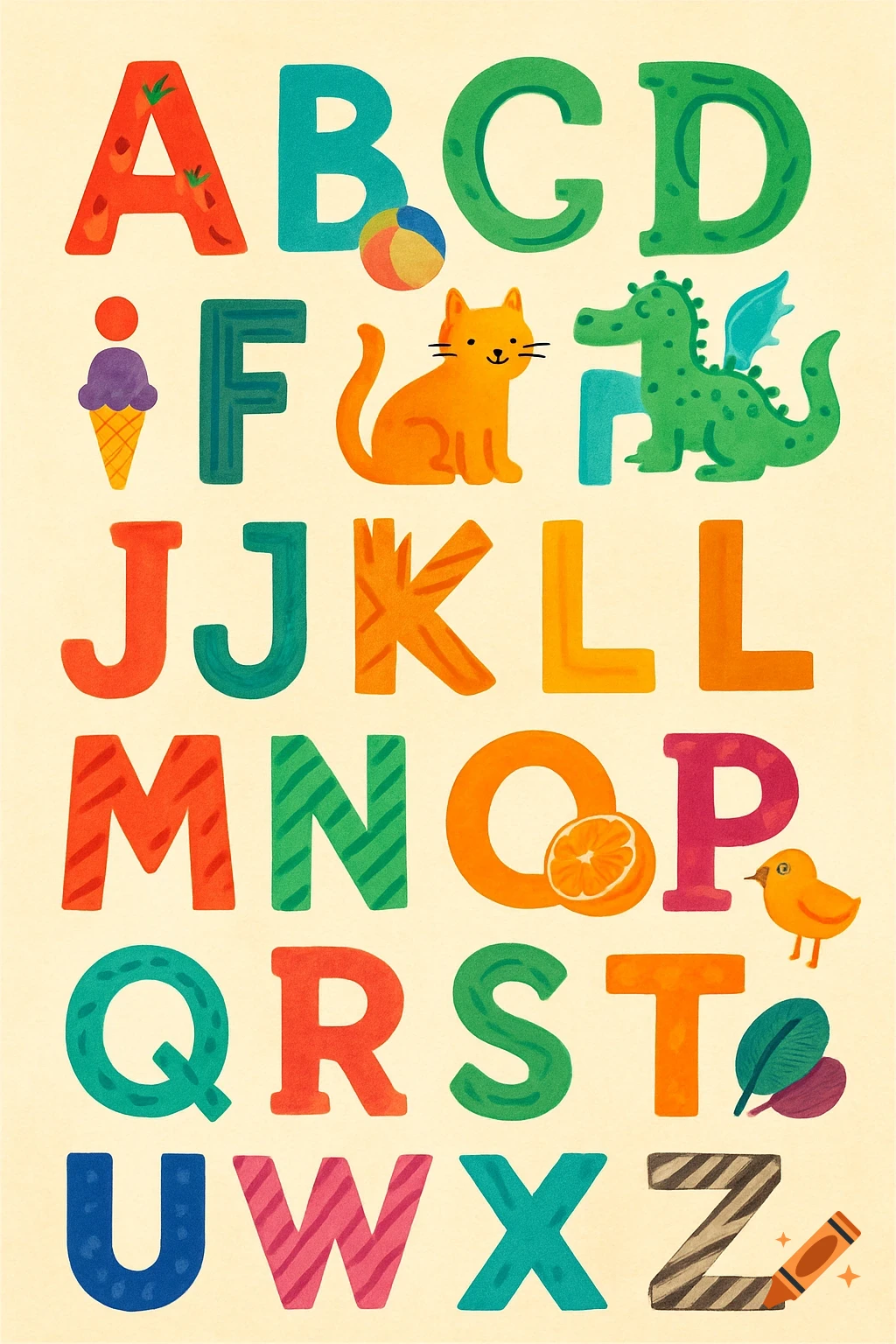 A colorful, whimsical alphabet poster with various objects illustrating each letter, in a children's book illustration style.