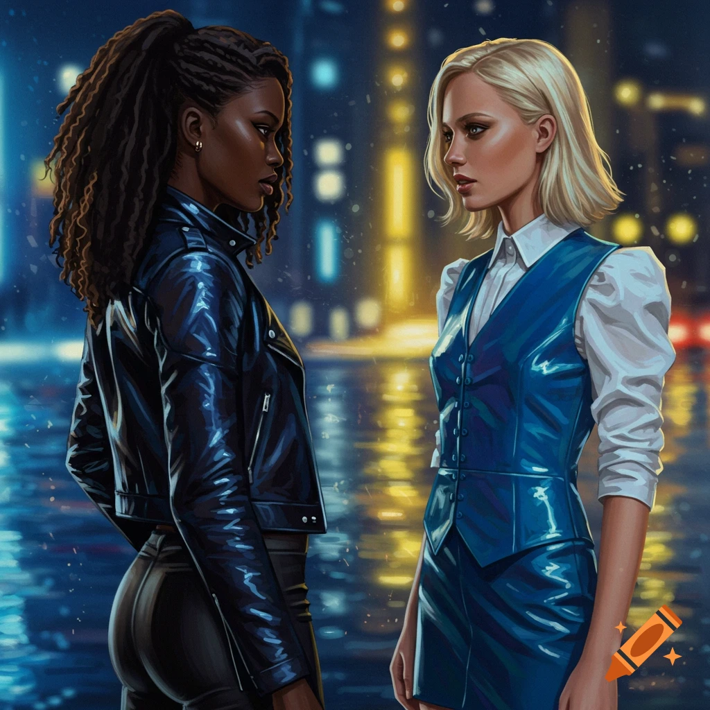 A black woman in a shiny leather jacket faces a blonde woman in a blue vest on a rainy city street at night, digital art.