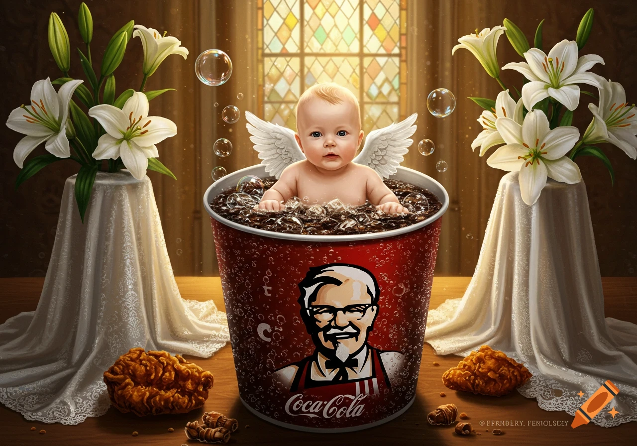 A photorealistic image of a baby with angel wings in a KFC bucket filled with Coca-Cola, flanked by lilies and fried chicken.
