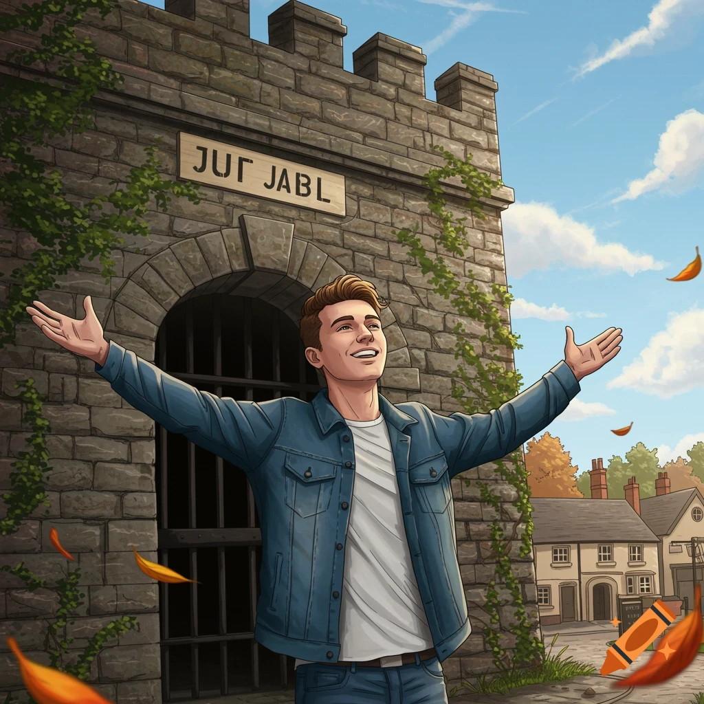 Cartoon illustration of a young man smiling with arms outstretched in front of a stone building with a sign that reads 'JUG JABL'.