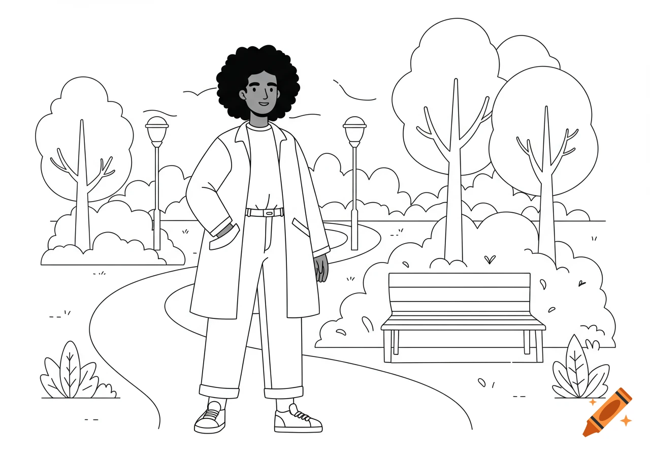 A line-art illustration for a coloring book shows an African American person with natural hair, standing confidently in a park with trees, a path, and a bench.