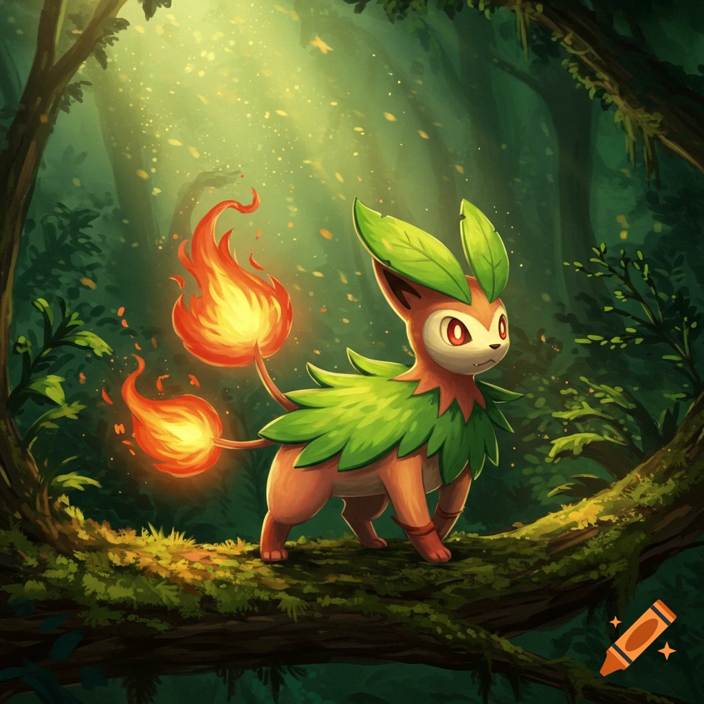 A small, fiery, leafy Pokémon-like creature stands on a mossy tree branch in a sunlit forest, surrounded by green foliage.