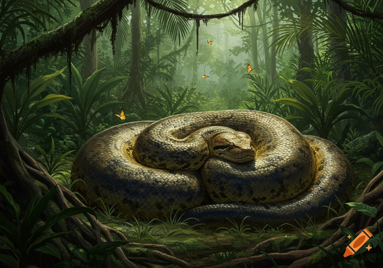 A large anaconda with a full stomach coiled on the jungle floor, surrounded by lush foliage and tree roots, with butterflies flying around.