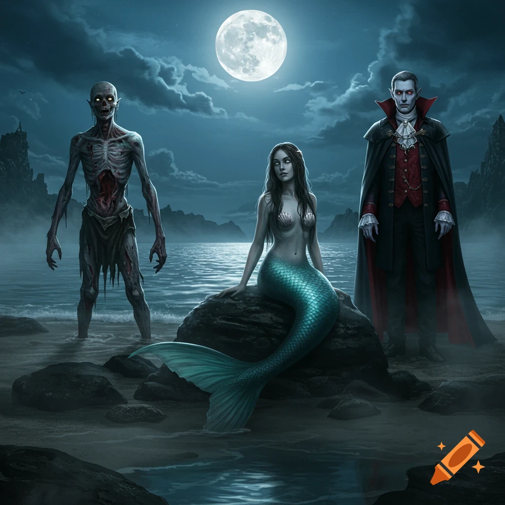 A zombie, a mermaid, and a vampire stand by a lake under a bright full moon at night in a dark, stylized fantasy scene.
