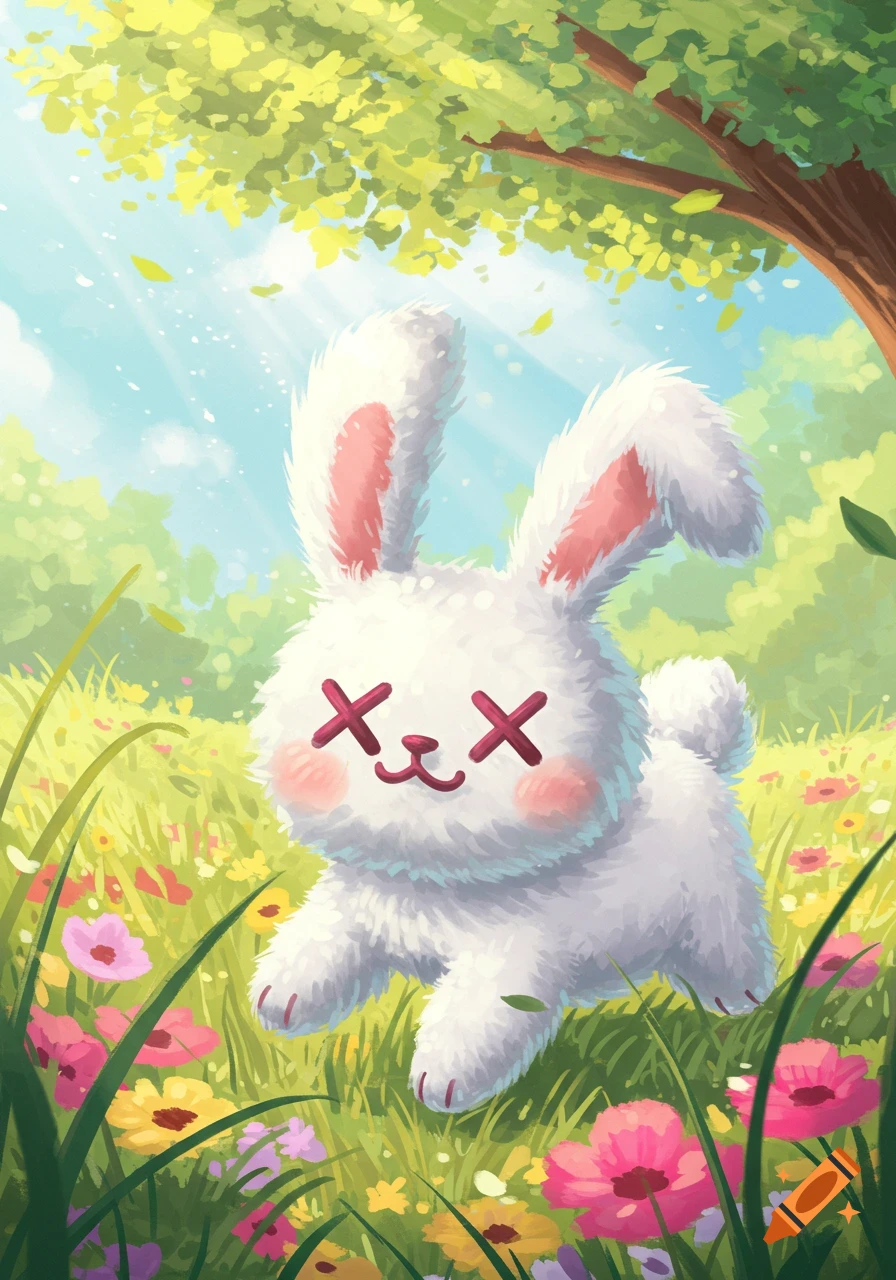 A fluffy white bunny with red X-shaped eyes and pink cheeks hops through a sunny field of colorful wildflowers.