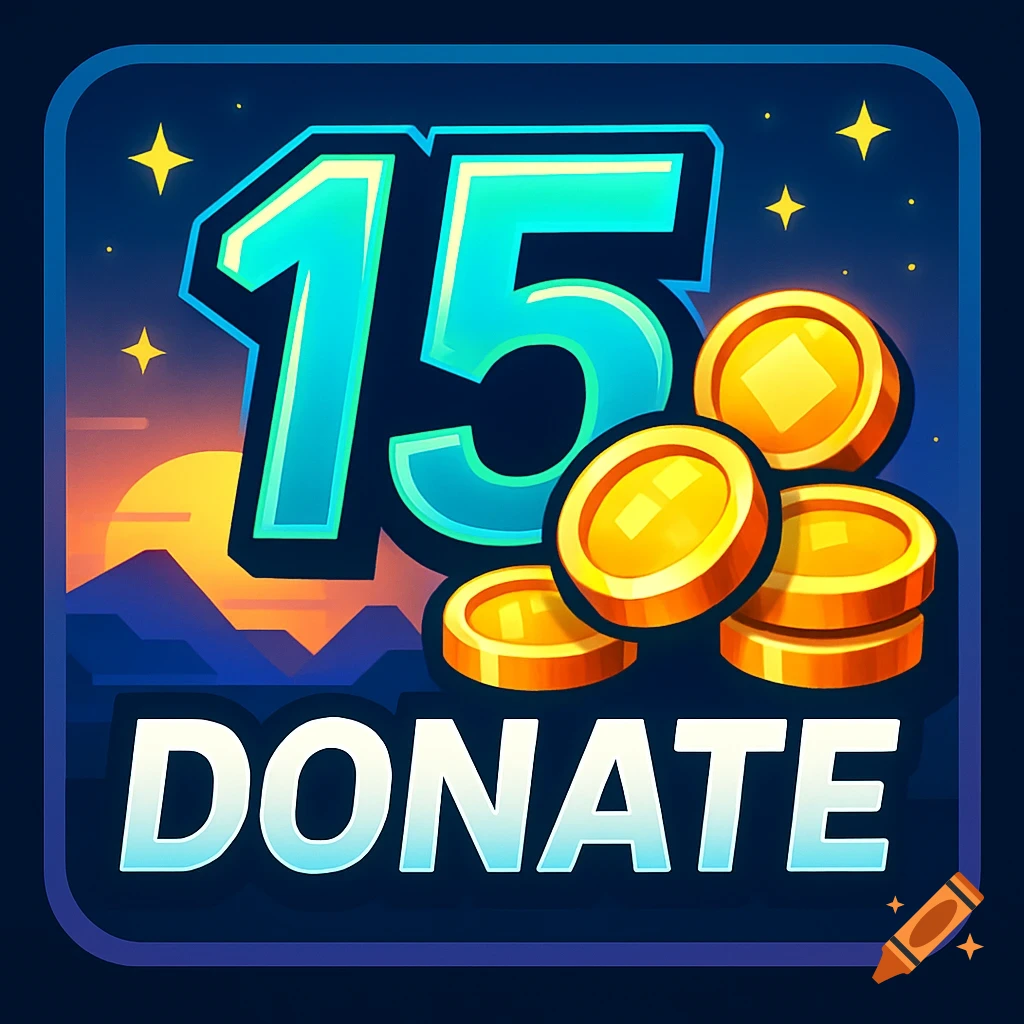 A colorful game pass icon featuring a large teal number 15, gold coins, and the word 'DONATE' against a stylized purple and orange sunset sky with stars and mountains.