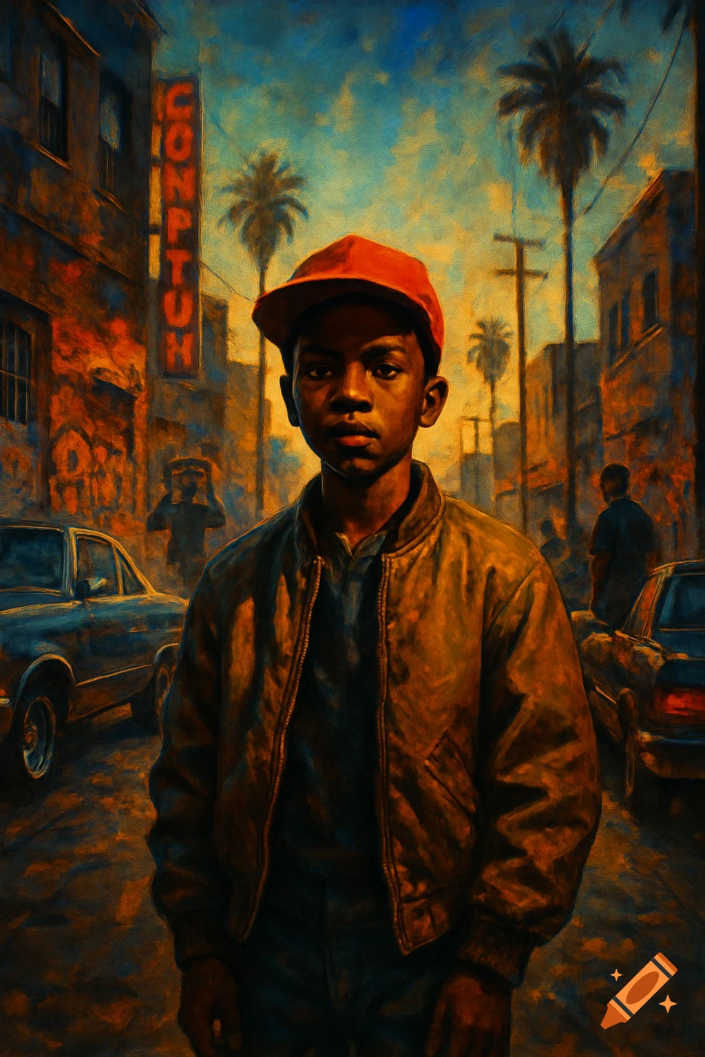 A young Black boy in a red cap and brown jacket stands on an urban street at dusk with buildings, cars, and palm trees in an oil painting style.