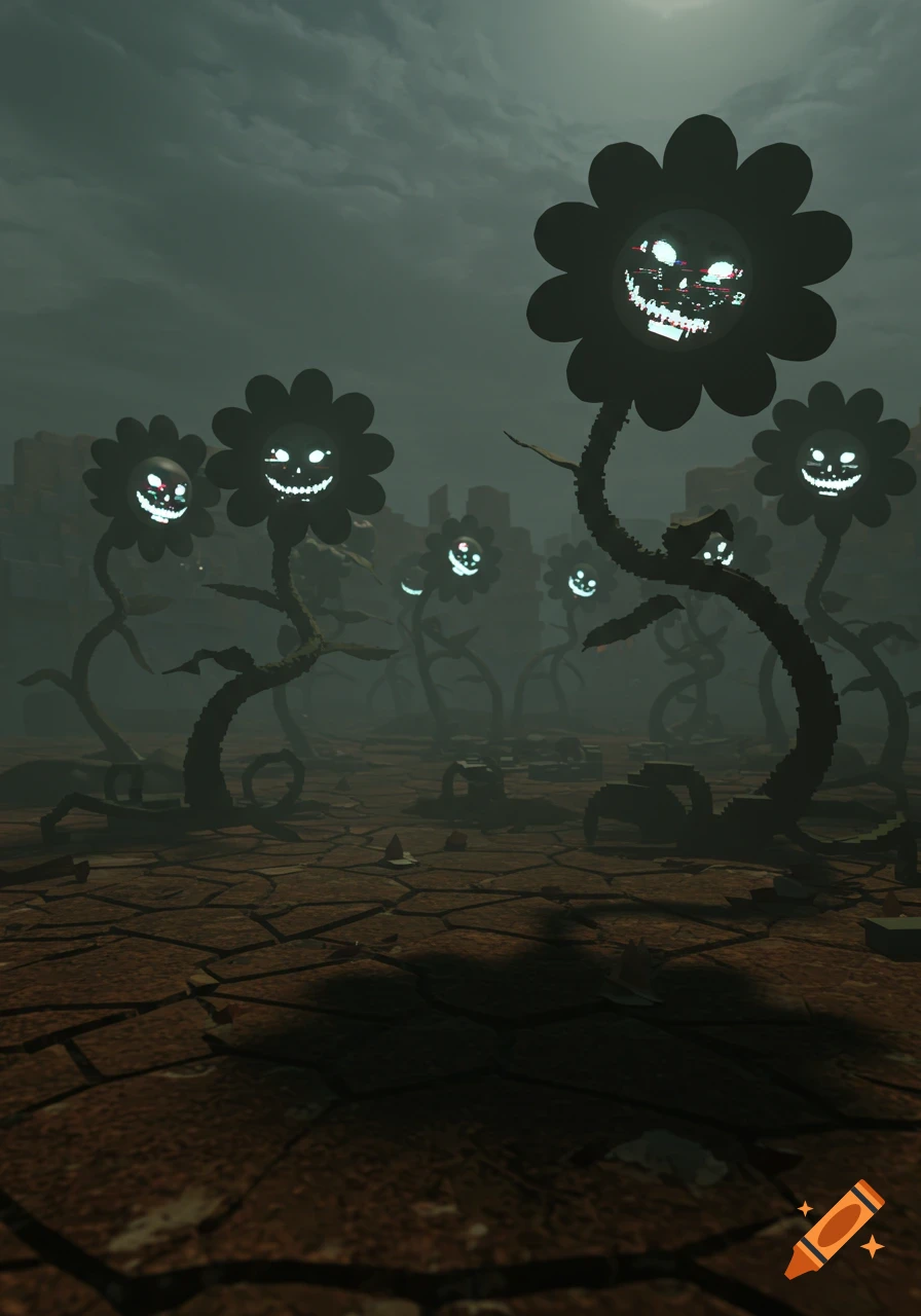 A desolate, cracked landscape under a dark sky, filled with tall, dark flowers with glowing, menacing faces that resemble digital static.