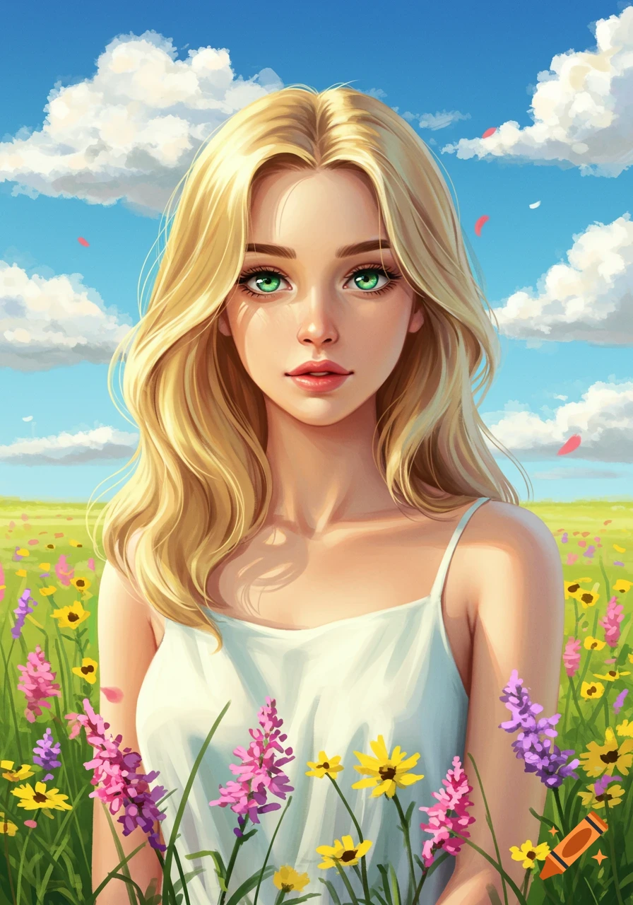 A stylized digital art portrait of a blonde woman with green eyes in a field of colorful wildflowers under a blue sky.