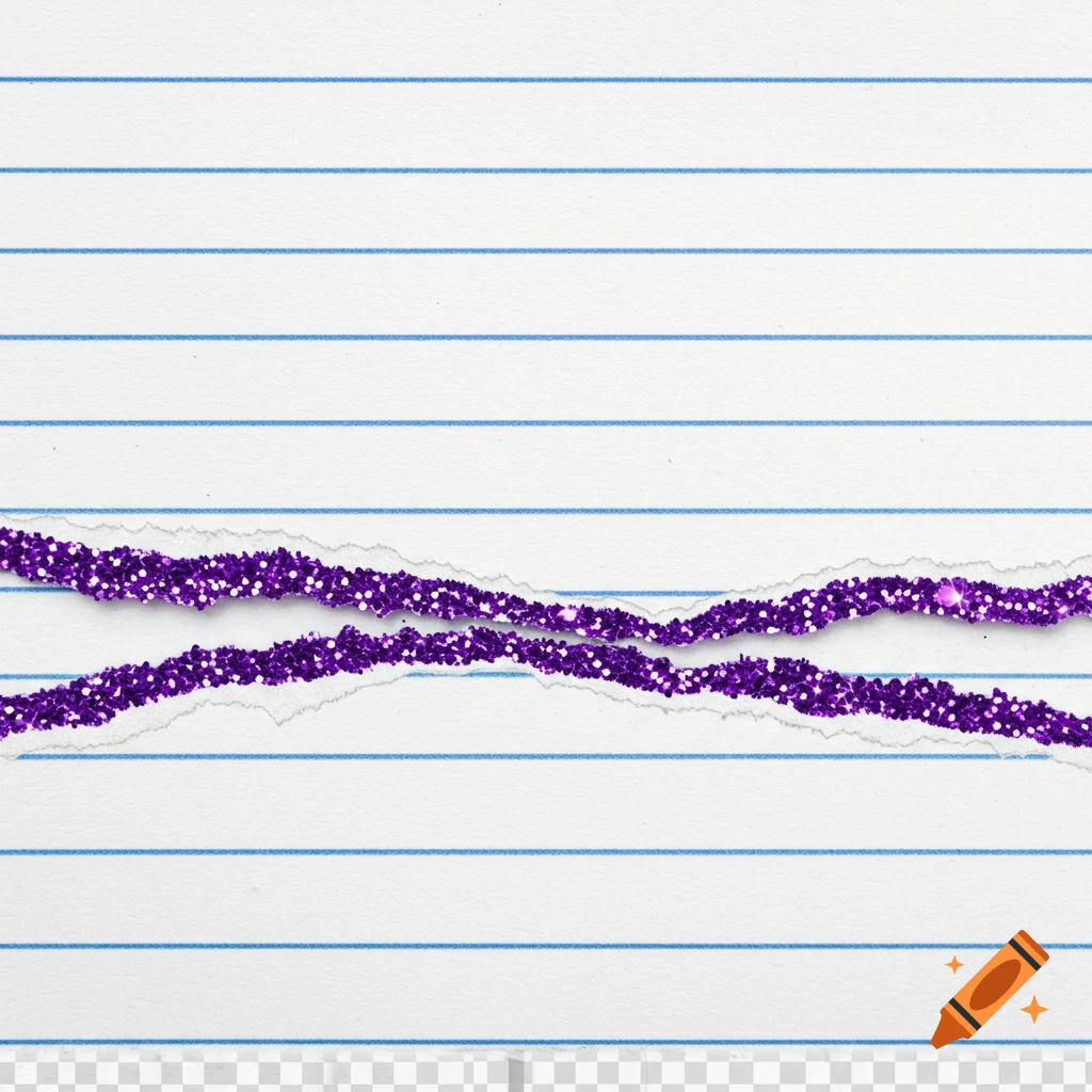Torn lined notebook paper with jagged edges decorated in sparkling purple glitter.