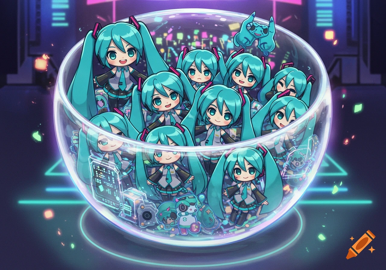 Numerous chibi Hatsune Miku characters with teal pigtails smile from inside a glowing glass bowl in a neon-lit, futuristic setting.
