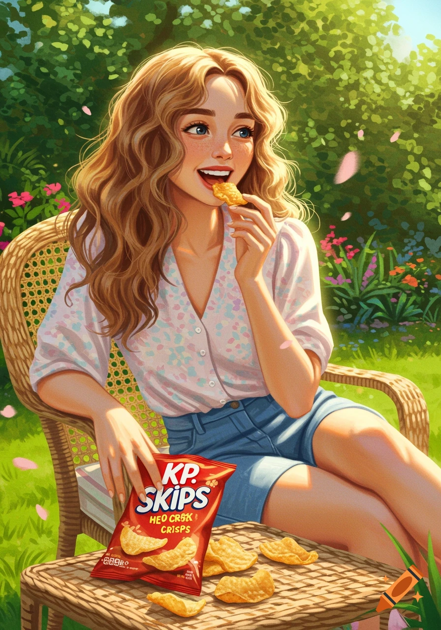 Illustration of a smiling woman with wavy hair eating chips while sitting in a wicker chair in a sunny garden.