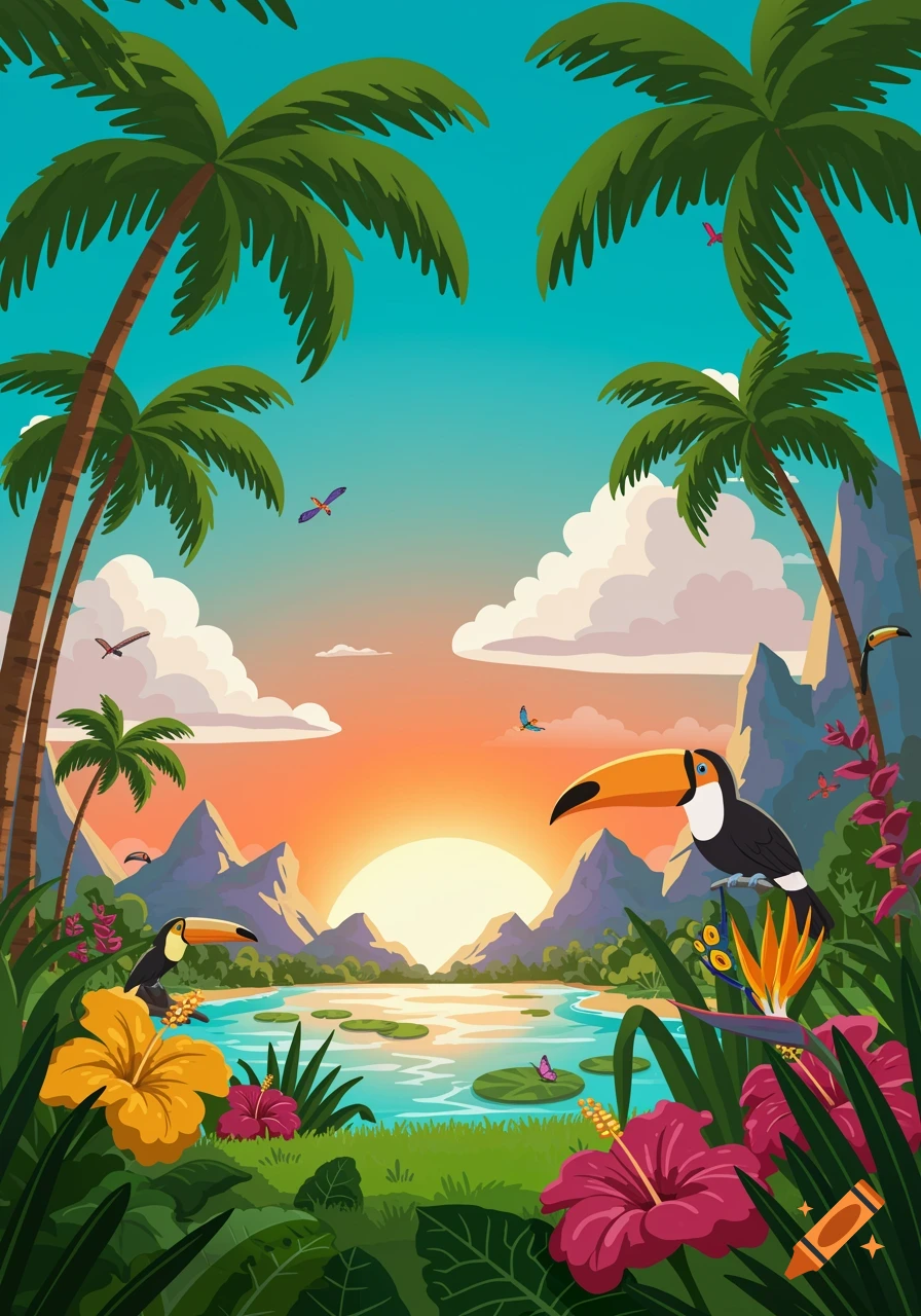 Cartoon tropical landscape with palm trees framing a sunset over a lake, mountains, toucans, and vibrant flowers.