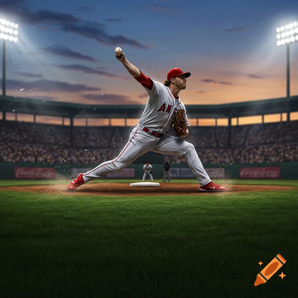 A baseball pitcher in a red cap and gray uniform throws a ball from the mound in a brightly lit stadium at dusk.