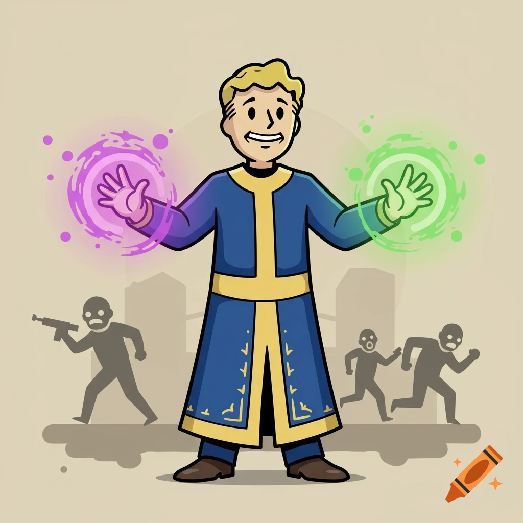 Cartoon Vault Boy dressed as a blue mystic, casting purple and green spells, causing shadowy raiders to flee in fear.