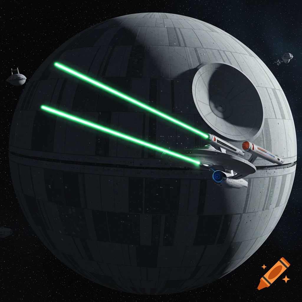 The USS Enterprise fires green phaser beams at the Death Star, which orbits a star-filled space.