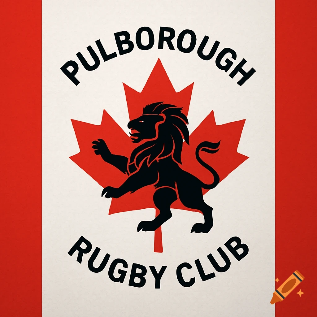 Logo of Pulborough Rugby Club featuring a black lion on a red maple leaf, against a red and white Canadian flag background.