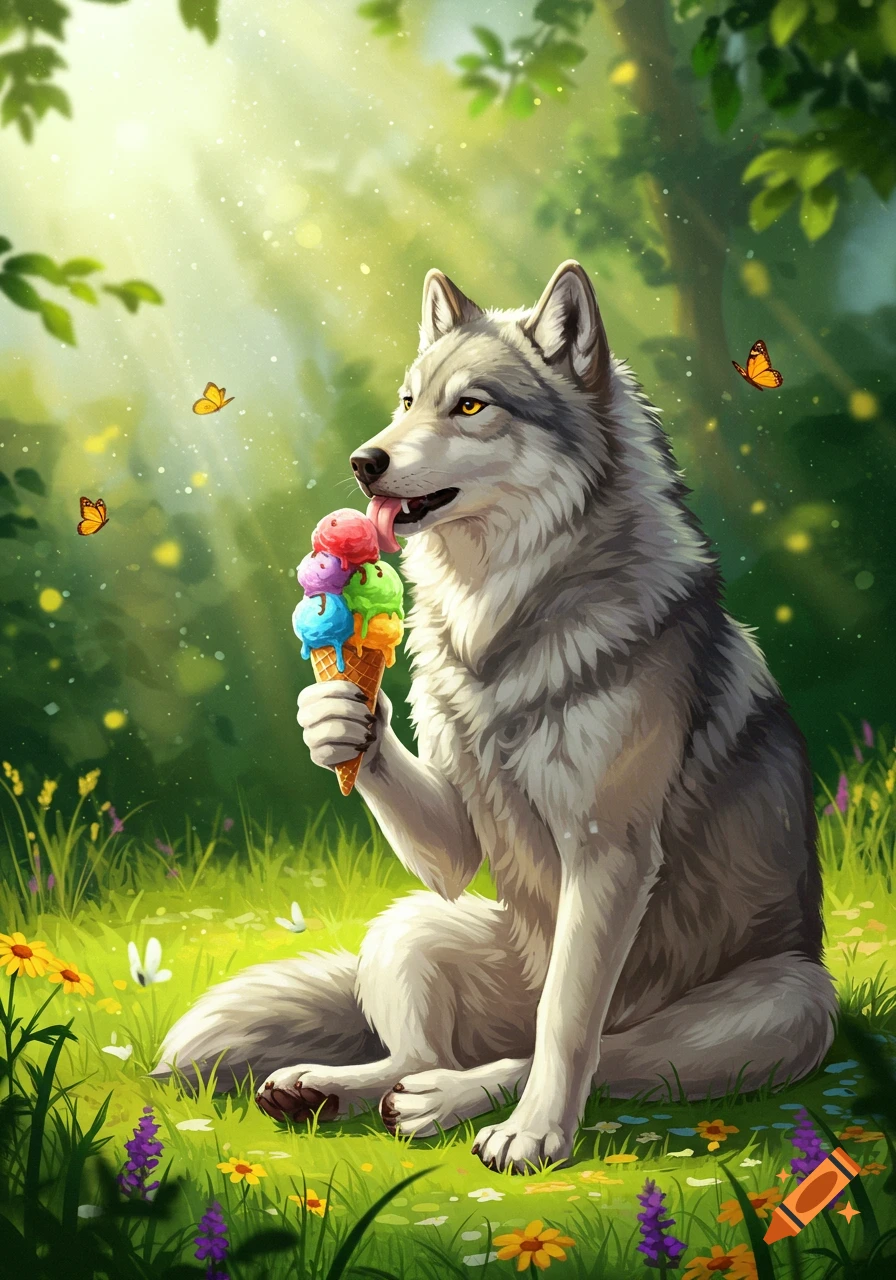 A cartoon wolf sits in a sunny forest meadow, licking a multi-scoop ice cream cone with colorful flavors.