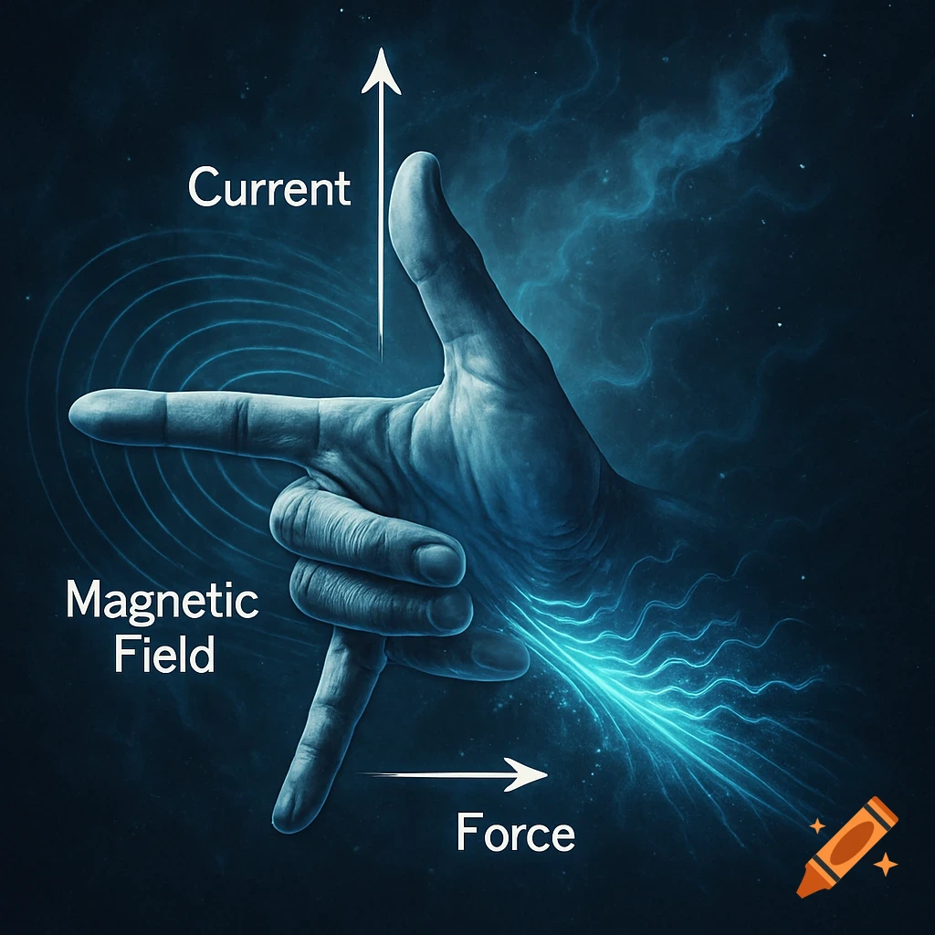 A stylized illustration of the right-hand rule in physics, showing a hand with arrows labeled Current, Magnetic Field, and Force.